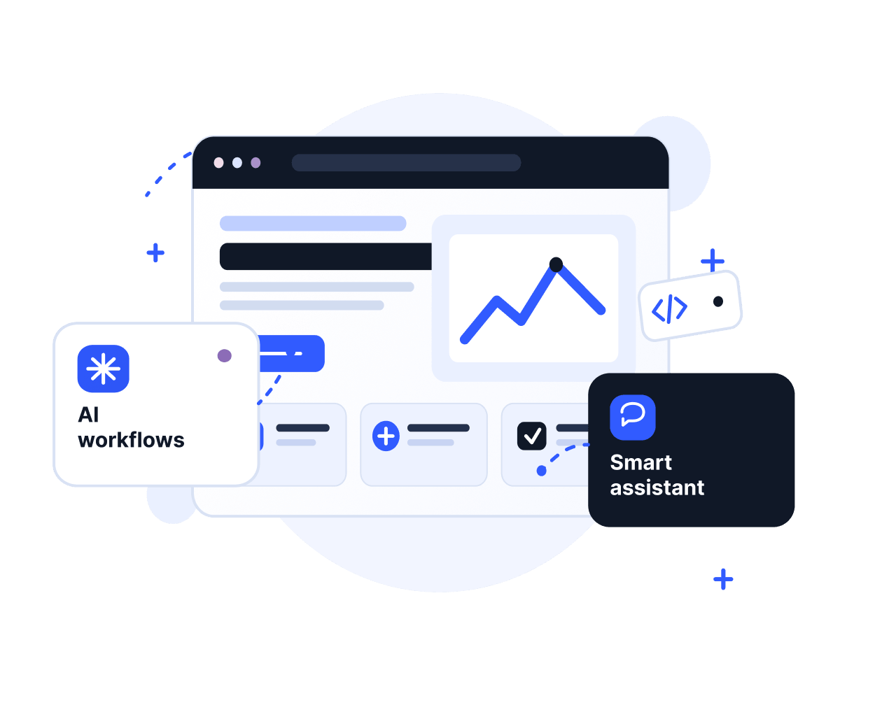 Illustration of a website dashboard with AI workflows and a smart assistant