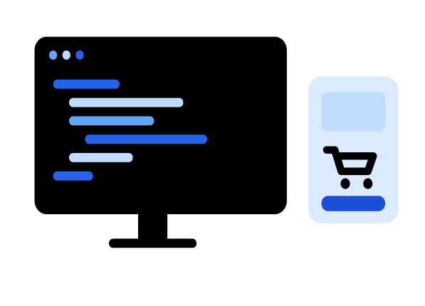 Illustration of code on a monitor next to a shopping cart