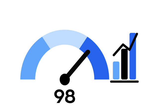 Illustration of a speed gauge reading 98 and a rising chart